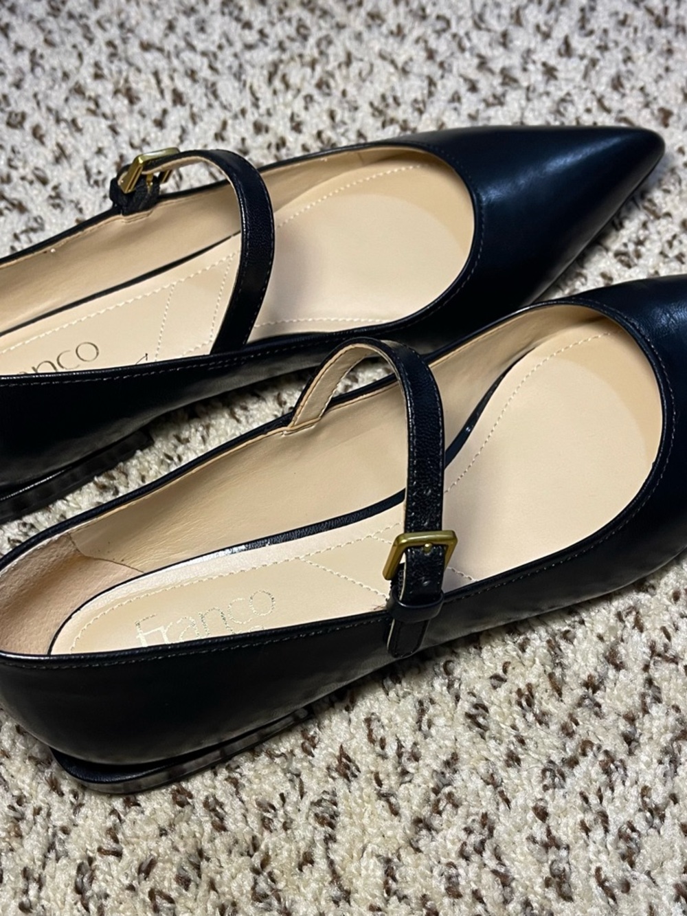 Size 8.5 Franco Sarto Black Pointed Mary Jane Flats with Gold Buckle
